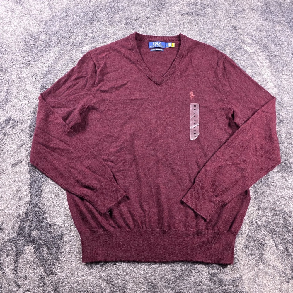 Polo Ralph Lauren 100% Merino Wool V Neck Sweater Mens M Burgundy